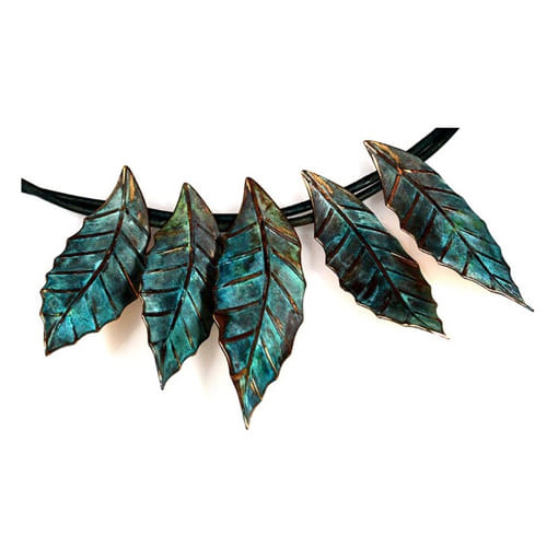 EC-038 Necklace Magnolia Leaves on Rawhide $140 at Hunter Wolff Gallery